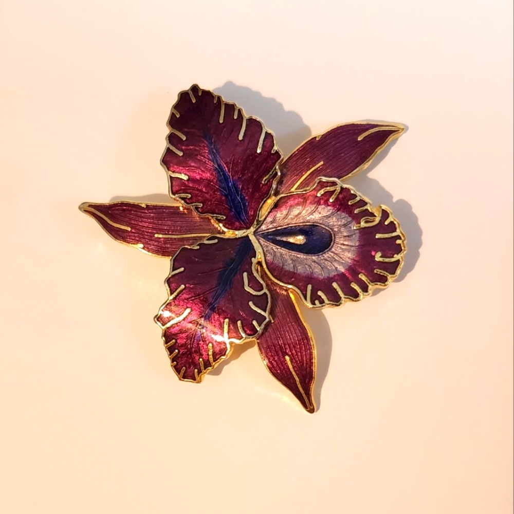 Vintage Purple Cloisonne Enamel Orchid By Fish
